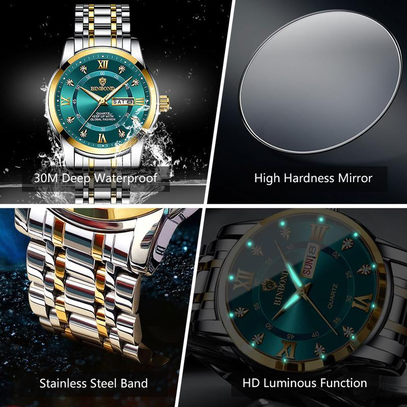 BINBOND Watch for Men Luxury Diamond Classic Business Dress Stainless Steel Mens Wrist Watches with Day Date Waterproof Luxury Watches Jamtangan Original Poedagar Watch 7169