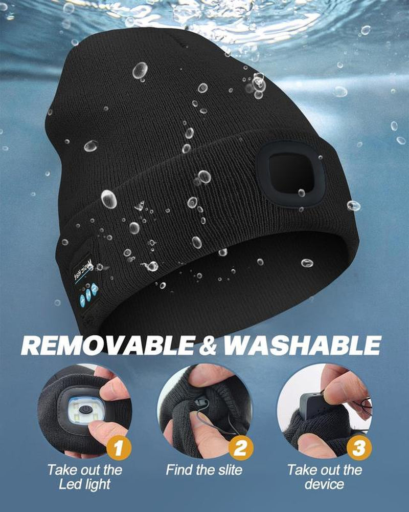 Bluetooth Beanie with LED Headlight and Removable Speaker, USB Rechargeable Warm Hat LED Hat for Music and Calling, Sport,Outdoor,Unisex Birthday Gift