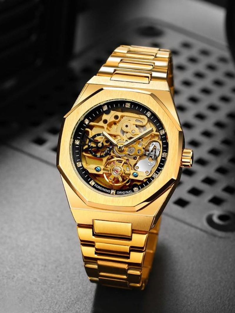Men'S Classic Business Rhinestone Decorated Analog Mechanical Watch, Watches for Men, Fashion Watches for Men, Luminous Hands Watch for Party, Daily Clothing Decor, Trendy All-Match & Exquisite Watch for Birthday Gift with Box