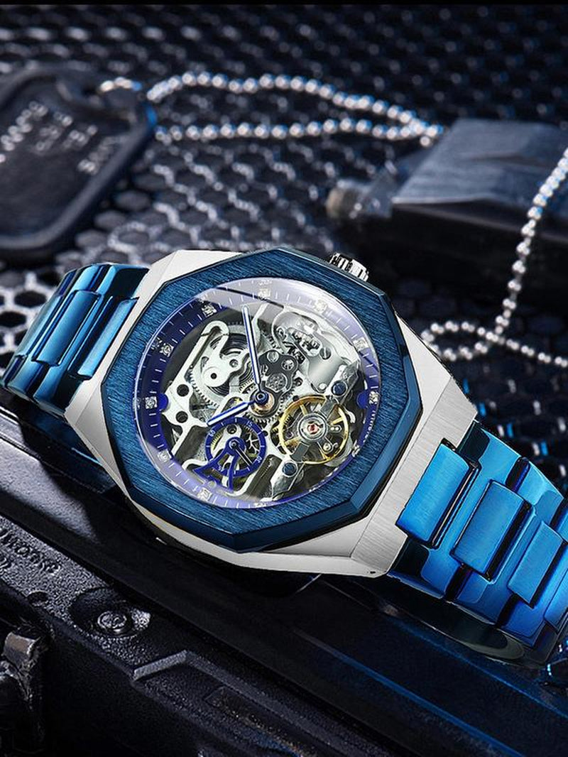 Men'S Classic Business Rhinestone Decorated Analog Mechanical Watch, Watches for Men, Fashion Watches for Men, Luminous Hands Watch for Party, Daily Clothing Decor, Trendy All-Match & Exquisite Watch for Birthday Gift with Box