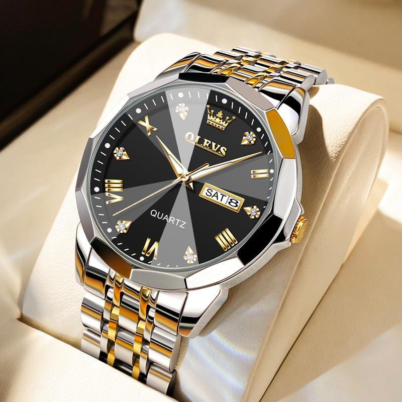 OLEVS Watch for Men Diamond Business Dress Analog Quartz Stainless Steel Waterproof Luminous Date Two Tone Luxury Casual Wrist Watch