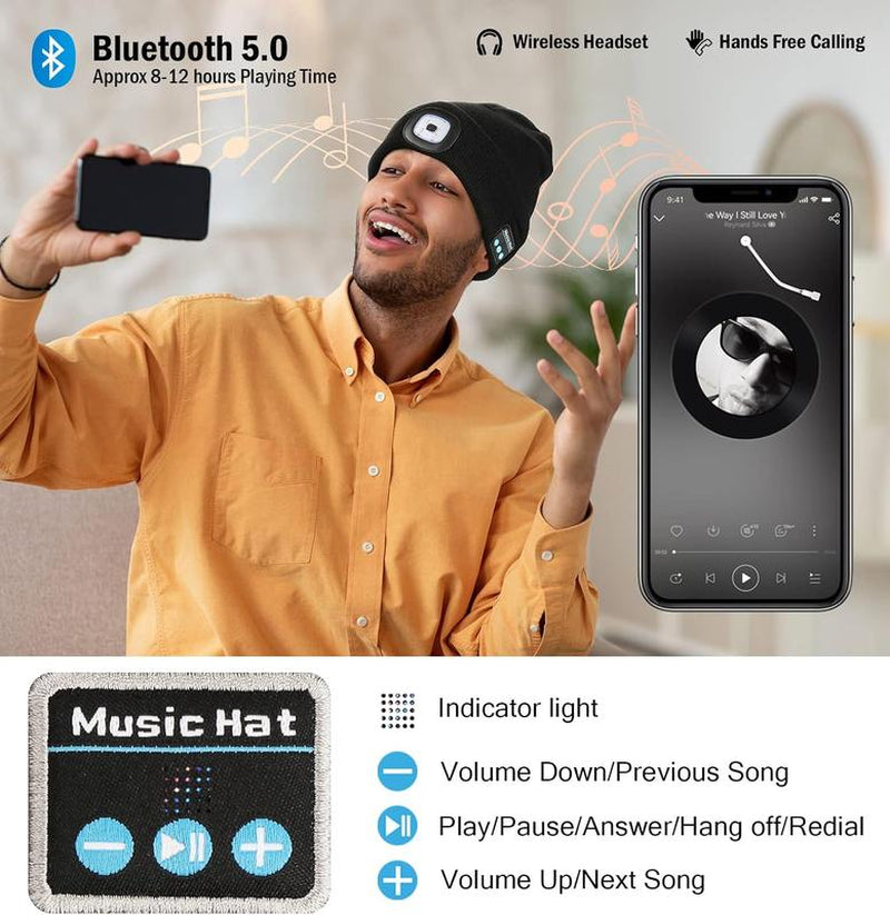 Bluetooth Beanie with LED Headlight and Removable Speaker, USB Rechargeable Warm Hat LED Hat for Music and Calling, Sport,Outdoor,Unisex Birthday Gift
