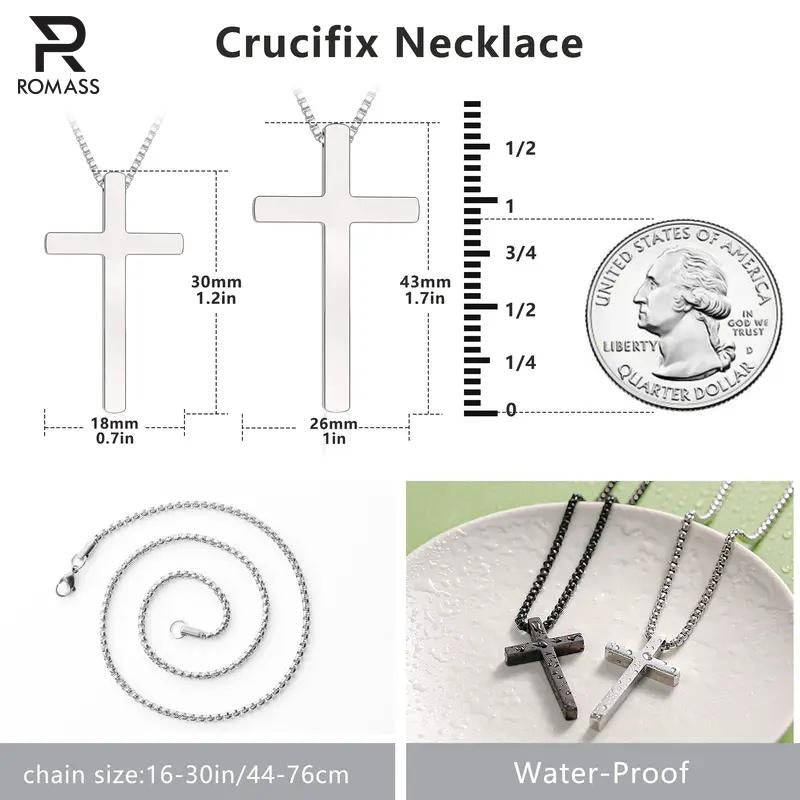 ROMASS 2 Pcs Cross Necklace for Men,Stainlesssteel Pendant Silver Black Crosses Chain Jewelry Gifts Box for 16-30 Inches-Official ROMASS
