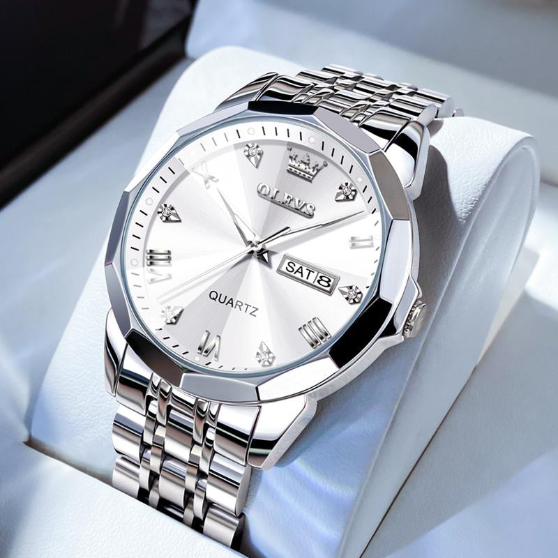 OLEVS Watch for Men Diamond Business Dress Analog Quartz Stainless Steel Waterproof Luminous Date Two Tone Luxury Casual Wrist Watch