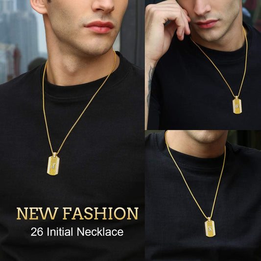 18K Gold Plated Initial Necklace, Gold Stainless Steel Letter Pendant Necklace Hip Hop Square Chain Jewelry Gift for Men Boy Birthday Anniversary Christmas Gift for Husband Father Boyfriend Son
