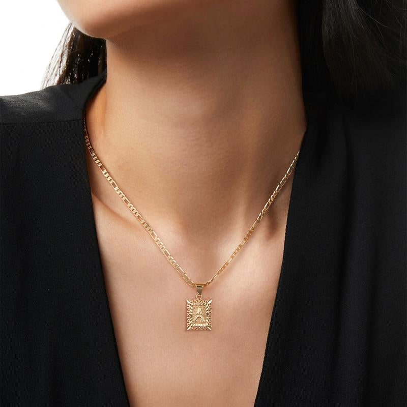 KY Jewelry Initial Pendant Necklace for Men Womens, 14K Gold Plated Square Letter Capital Necklace Alphabets from A-Z Figaro Chain Necklace