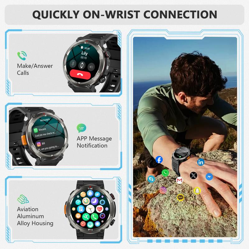 2025 Fashion Touch Screen Smart Watch, 100-Day Battery, LED Flashlight, Compass, IP68 Waterproof, Call Function, 100+ Sports Modes DIY Watch Dials Messages Reminder, Fitness Smart Watches for Iphone/Andriod