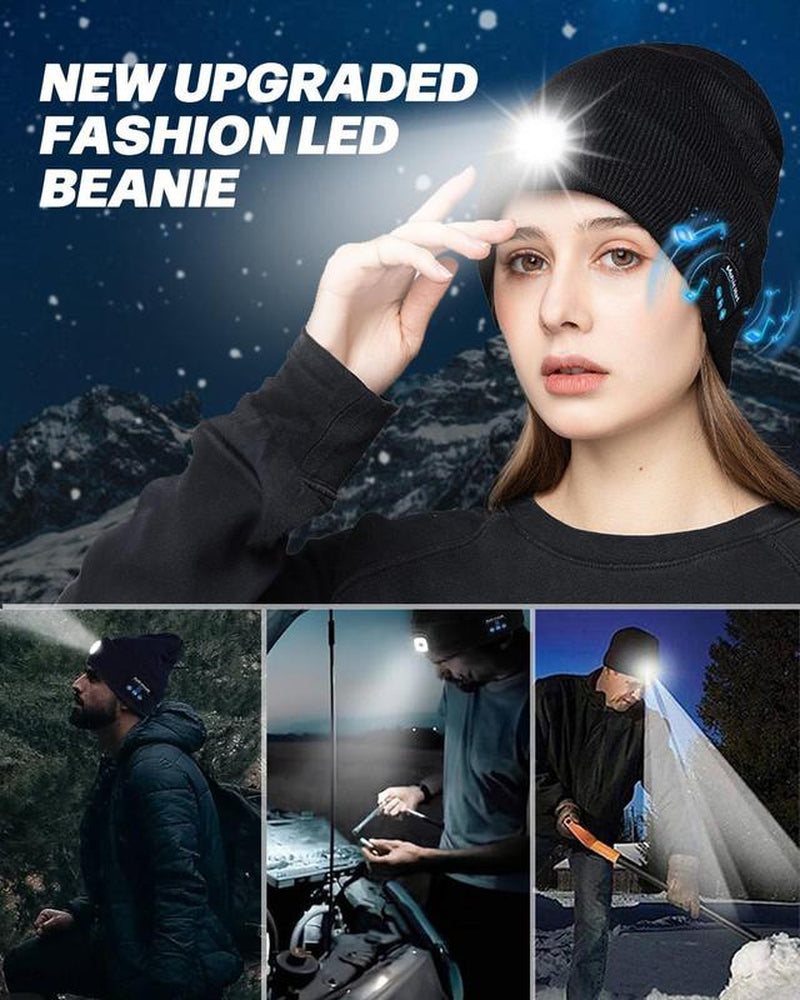 Bluetooth Beanie with LED Headlight and Removable Speaker, USB Rechargeable Warm Hat LED Hat for Music and Calling, Sport,Outdoor,Unisex Birthday Gift