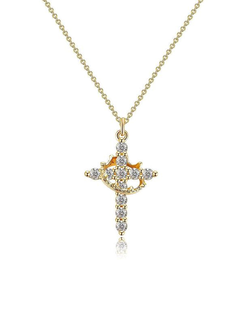 Rhinestone Crown & Cross Pendant Necklace for Women, Cross Necklace for Men Jewelry for Party, Daily Clothing Decor, Trendy All-Match & Exquisite Jewelry for Birthday Gift, Fall Outfits, Fall Freshness, Statement Necklace, Best Mother'S Day Gifts
