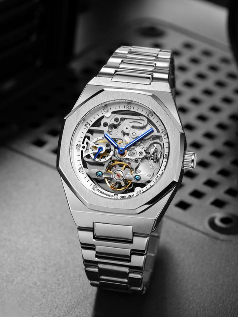 Men'S Classic Business Rhinestone Decorated Analog Mechanical Watch, Watches for Men, Fashion Watches for Men, Luminous Hands Watch for Party, Daily Clothing Decor, Trendy All-Match & Exquisite Watch for Birthday Gift with Box