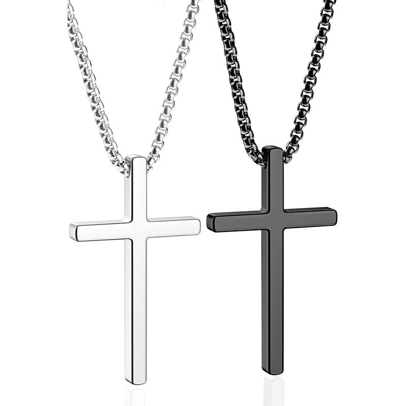 ROMASS 2 Pcs Cross Necklace for Men,Stainlesssteel Pendant Silver Black Crosses Chain Jewelry Gifts Box for 16-30 Inches-Official ROMASS