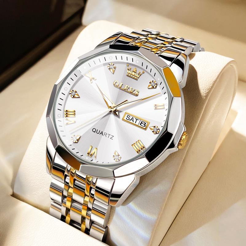 OLEVS Watch for Men Diamond Business Dress Analog Quartz Stainless Steel Waterproof Luminous Date Two Tone Luxury Casual Wrist Watch