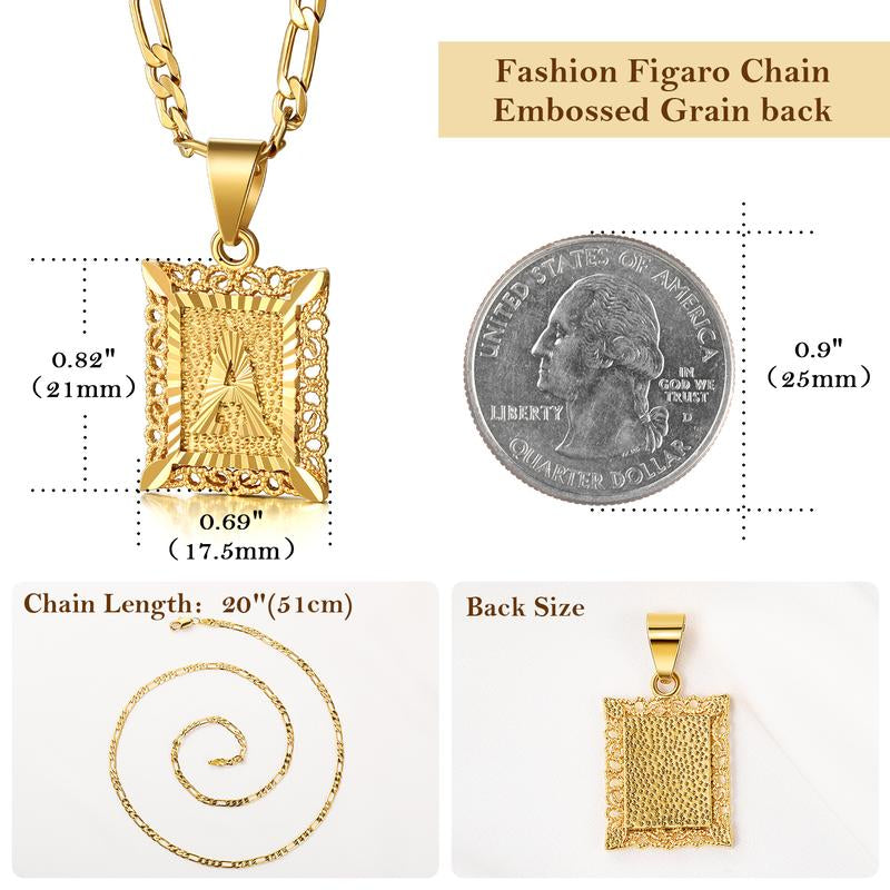 KY Jewelry Initial Pendant Necklace for Men Womens, 14K Gold Plated Square Letter Capital Necklace Alphabets from A-Z Figaro Chain Necklace