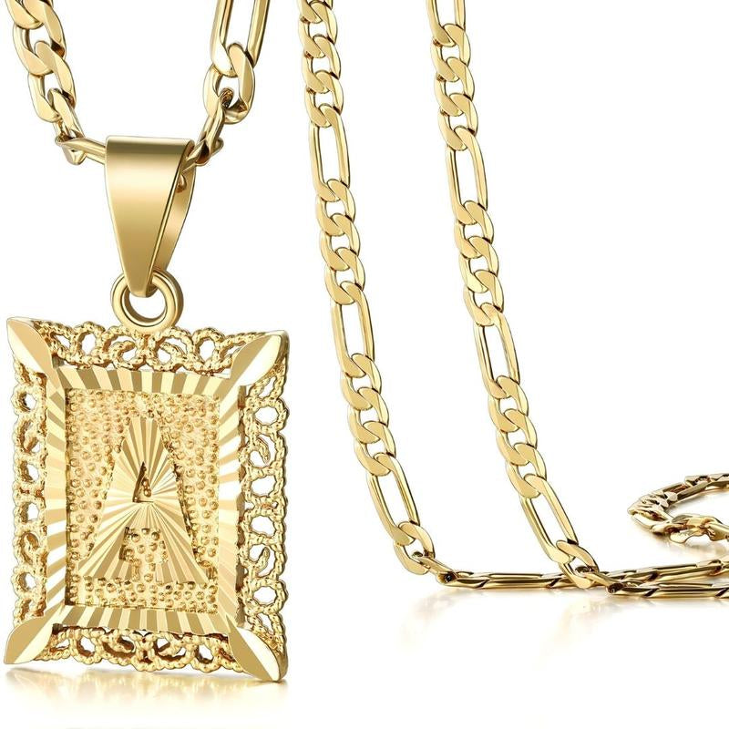 KY Jewelry Initial Pendant Necklace for Men Womens, 14K Gold Plated Square Letter Capital Necklace Alphabets from A-Z Figaro Chain Necklace