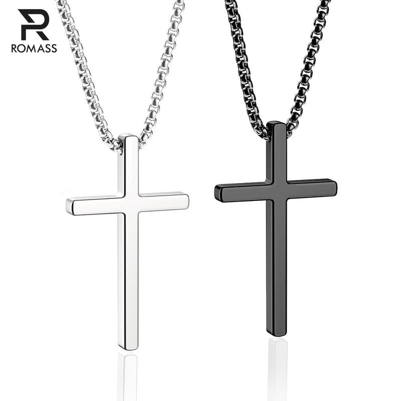 ROMASS 2 Pcs Cross Necklace for Men,Stainlesssteel Pendant Silver Black Crosses Chain Jewelry Gifts Box for 16-30 Inches-Official ROMASS