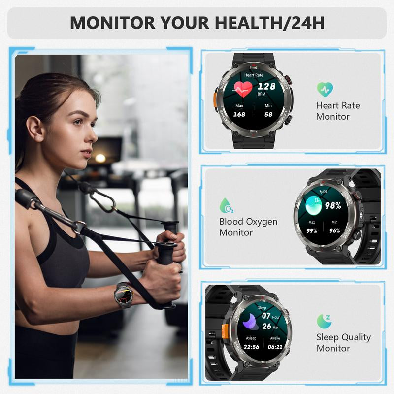 2025 Fashion Touch Screen Smart Watch, 100-Day Battery, LED Flashlight, Compass, IP68 Waterproof, Call Function, 100+ Sports Modes DIY Watch Dials Messages Reminder, Fitness Smart Watches for Iphone/Andriod