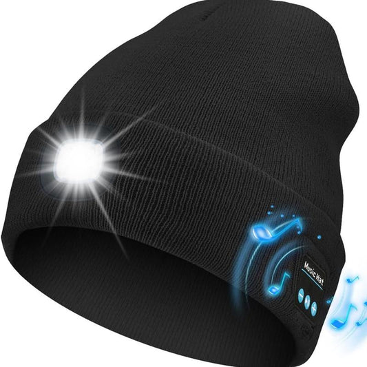Bluetooth Beanie with LED Headlight and Removable Speaker, USB Rechargeable Warm Hat LED Hat for Music and Calling, Sport,Outdoor,Unisex Birthday Gift