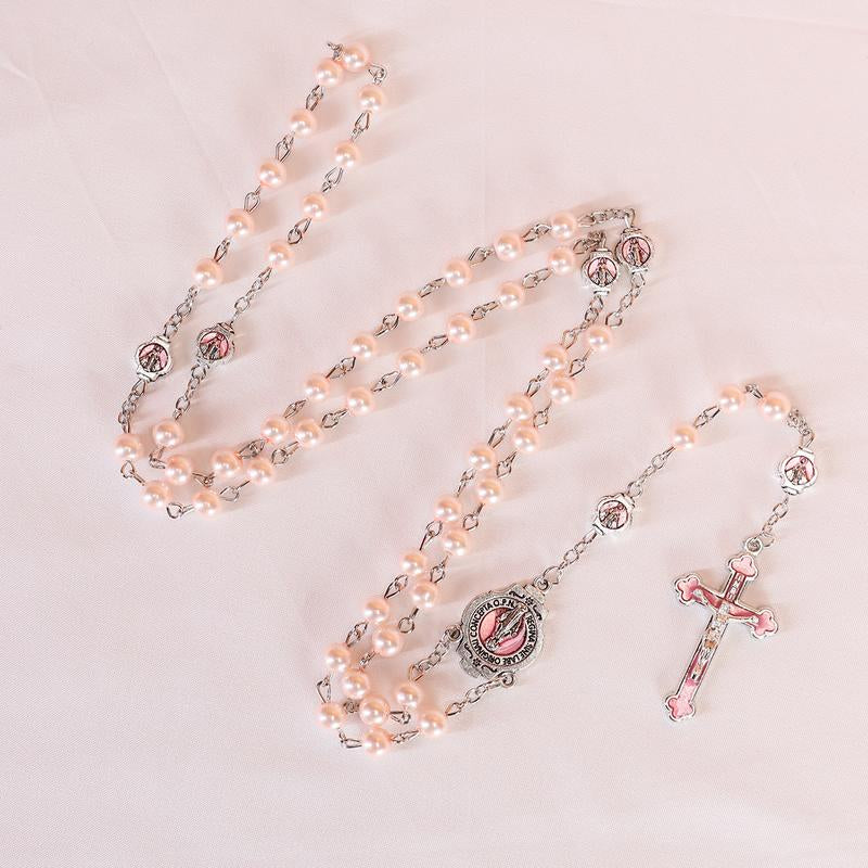 Glass Pearl Beads Catholic Rosary Necklace for Men and Women with Metal Box Strong Copper Chain Crucifix