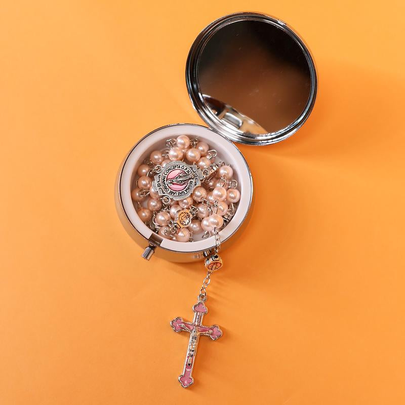Glass Pearl Beads Catholic Rosary Necklace for Men and Women with Metal Box Strong Copper Chain Crucifix