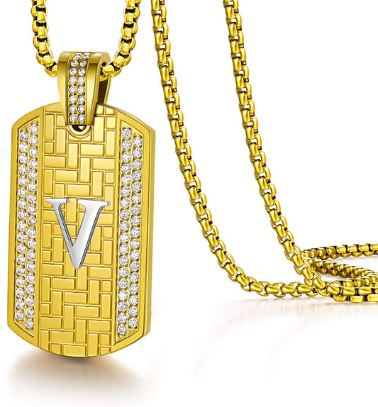 18K Gold Plated Initial Necklace, Gold Stainless Steel Letter Pendant Necklace Hip Hop Square Chain Jewelry Gift for Men Boy Birthday Anniversary Christmas Gift for Husband Father Boyfriend Son