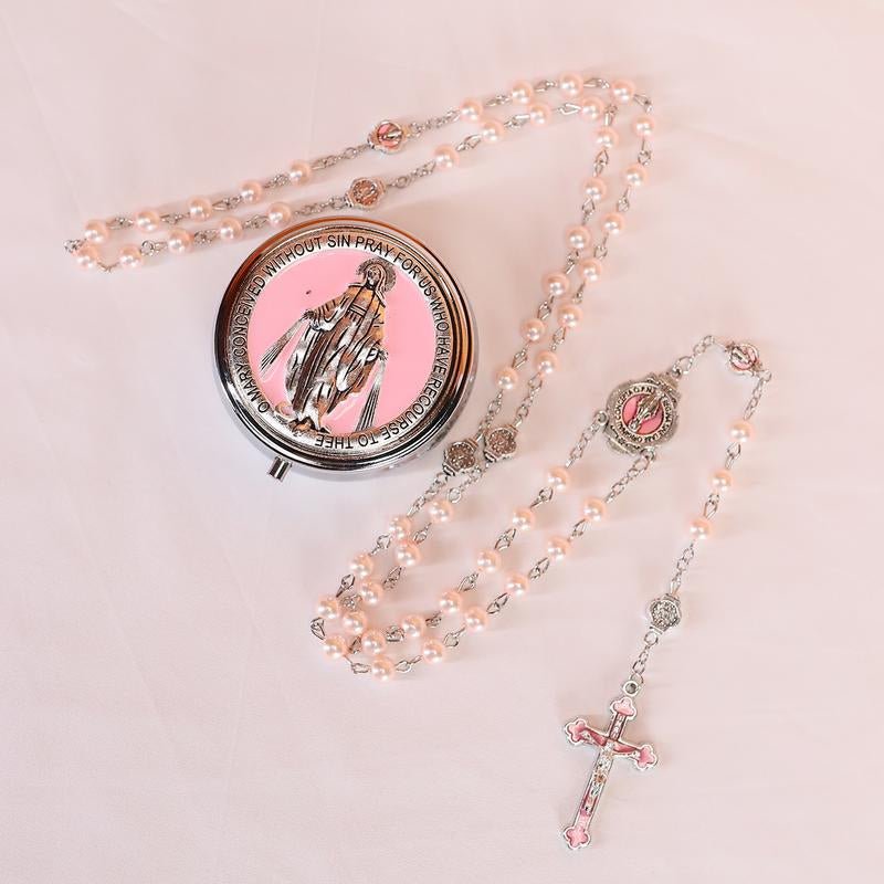 Glass Pearl Beads Catholic Rosary Necklace for Men and Women with Metal Box Strong Copper Chain Crucifix