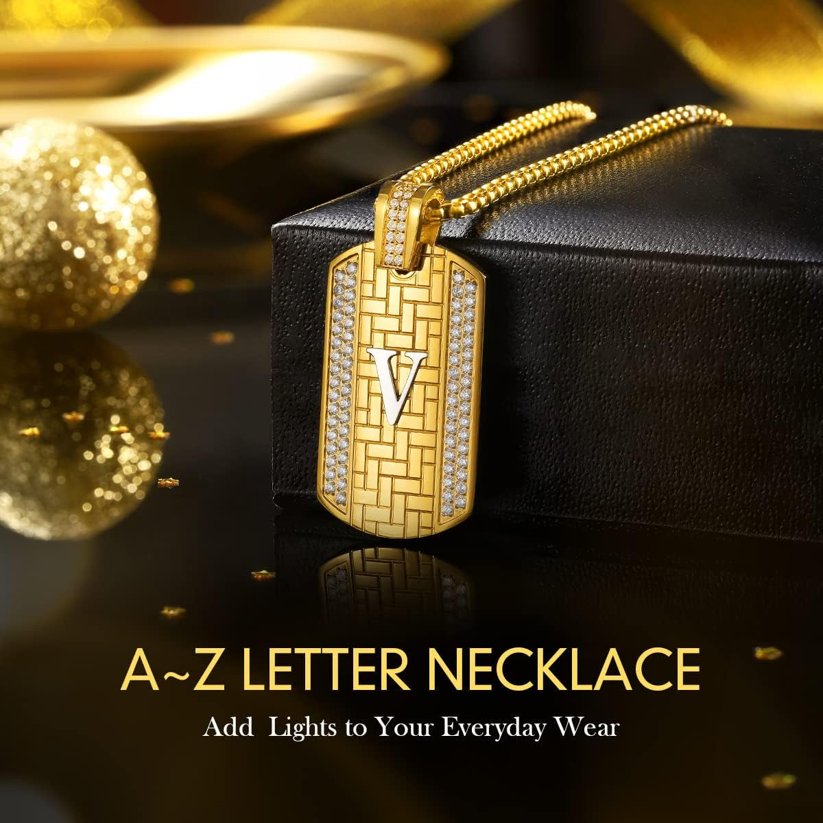 18K Gold Plated Initial Necklace, Gold Stainless Steel Letter Pendant Necklace Hip Hop Square Chain Jewelry Gift for Men Boy Birthday Anniversary Christmas Gift for Husband Father Boyfriend Son