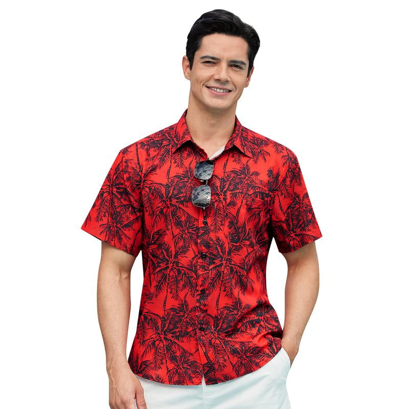 Hawaiian Shirt for Men Short Sleeve Button down Shirt Men Casual Summer Tropical Beach Aloha Shirts for Men Hawaii Party Top Menswear Red Shortsleeve Memeshirts