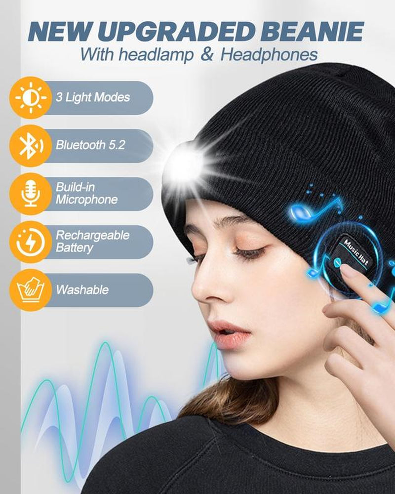Bluetooth Beanie with LED Headlight and Removable Speaker, USB Rechargeable Warm Hat LED Hat for Music and Calling, Sport,Outdoor,Unisex Birthday Gift