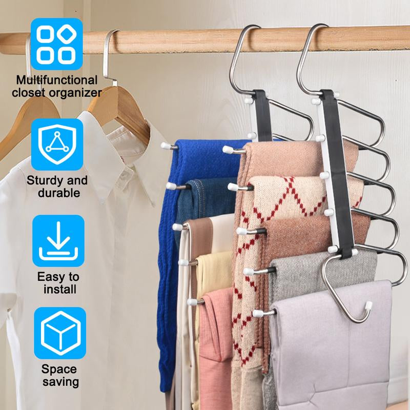 2 Pack Pants Hangers Space Saving Clothes Hanging 5 Layers, Non Slip Clothes Hangers for Closet Organizers and Storage Home Organization