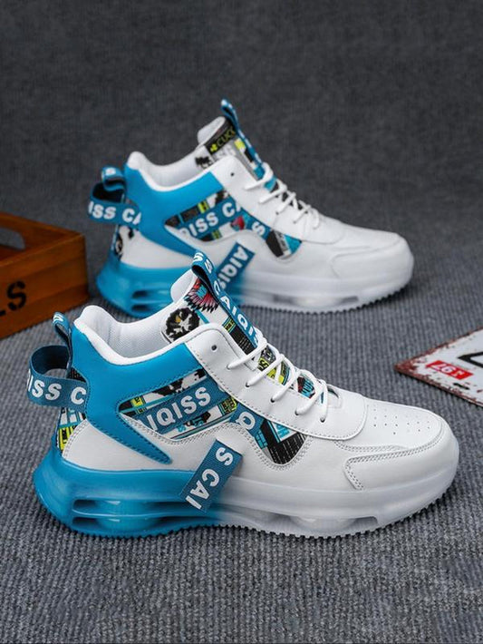 Fashion Letters Print Colorblock Non-Slip Sneakers, Trainers for Men, Casual Comfortable Breathable Sports Fall Highcut Shoes for Outdoor Activities, Trendy All-Match Trending Sneakers for Men