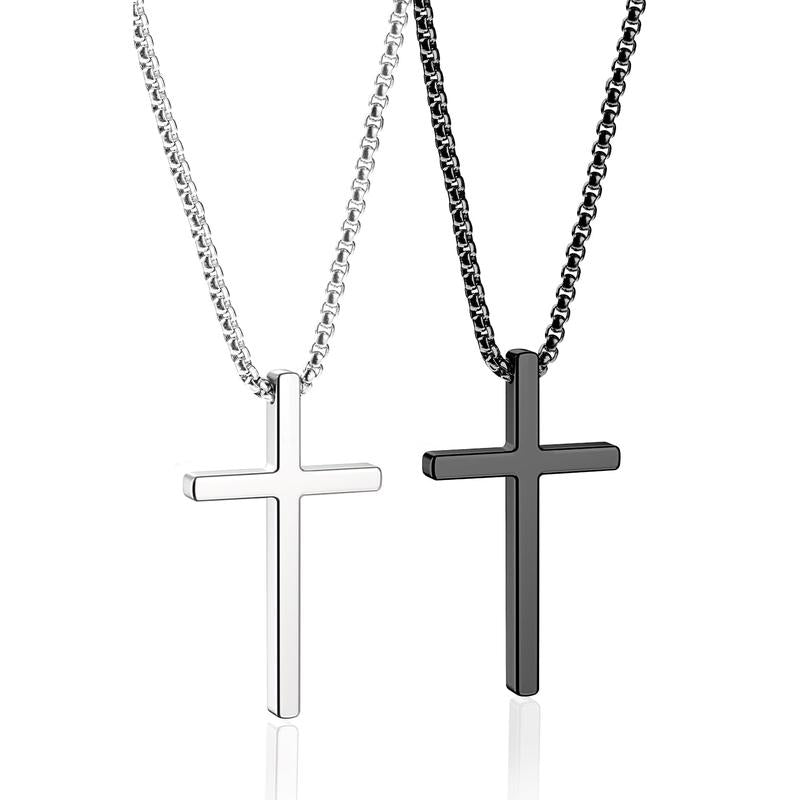 ROMASS 2 Pcs Cross Necklace for Men,Stainlesssteel Pendant Silver Black Crosses Chain Jewelry Gifts Box for 16-30 Inches-Official ROMASS