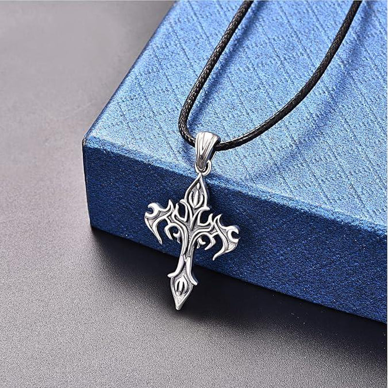 Cross Necklace 925 Sterling Silver Flame Cross Necklace Flame Fire Necklace Chain Jewelry Birthday Gift for Men Male Women