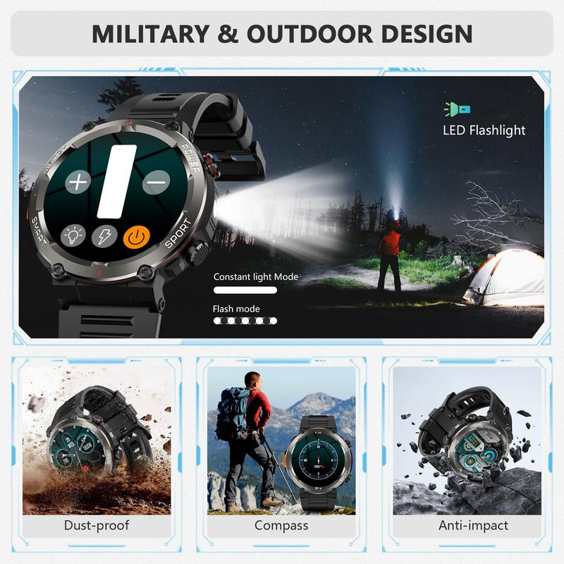 2025 Fashion Touch Screen Smart Watch, 100-Day Battery, LED Flashlight, Compass, IP68 Waterproof, Call Function, 100+ Sports Modes DIY Watch Dials Messages Reminder, Fitness Smart Watches for Iphone/Andriod
