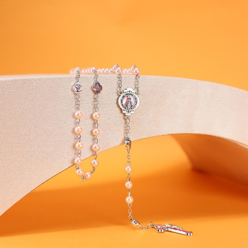 Glass Pearl Beads Catholic Rosary Necklace for Men and Women with Metal Box Strong Copper Chain Crucifix