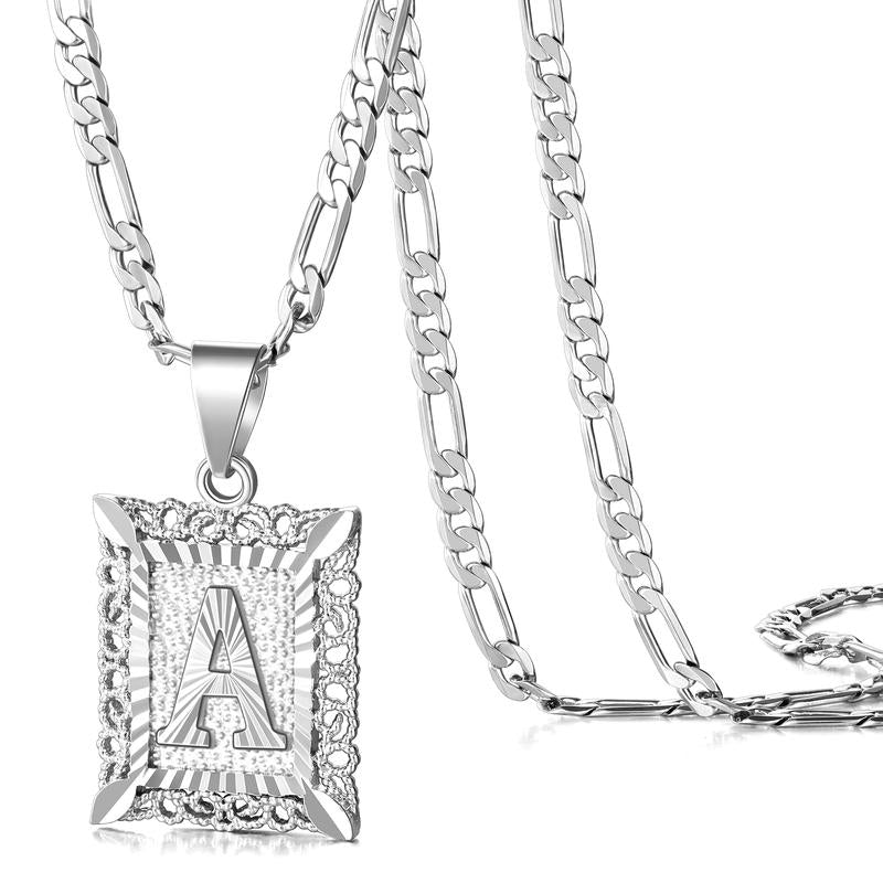 KY Jewelry Initial Pendant Necklace for Men Womens, 14K Gold Plated Square Letter Capital Necklace Alphabets from A-Z Figaro Chain Necklace