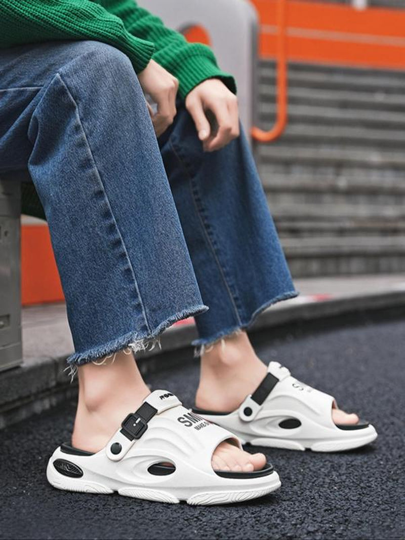 Men'S Fashionable Patchwork Design Slides, Thick Bottom Slippers, Casual Comfortable Breathable Non-Slip Slippers for Indoor & Outdoor Wear, New Style Beach Shoes for Men, Lightweight Slipper, Footwear, Strap Slippers