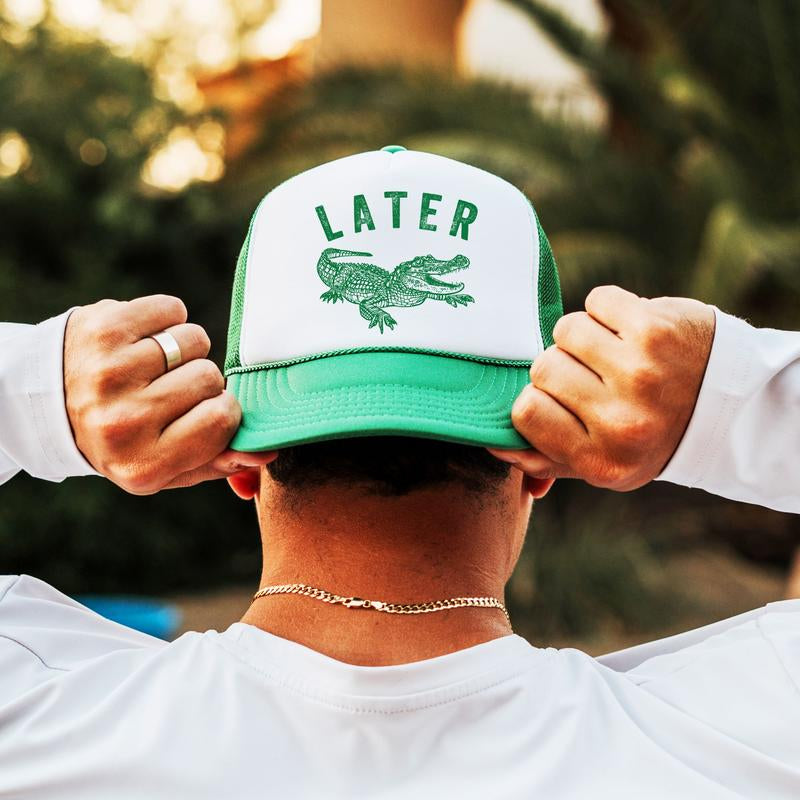 Later Gator Trucker Hat for Men & Women - Funny Quote Snapback - Retro Style Adjustable Cap - Dad Joke Mesh Hat - Alligator Graphic Hat