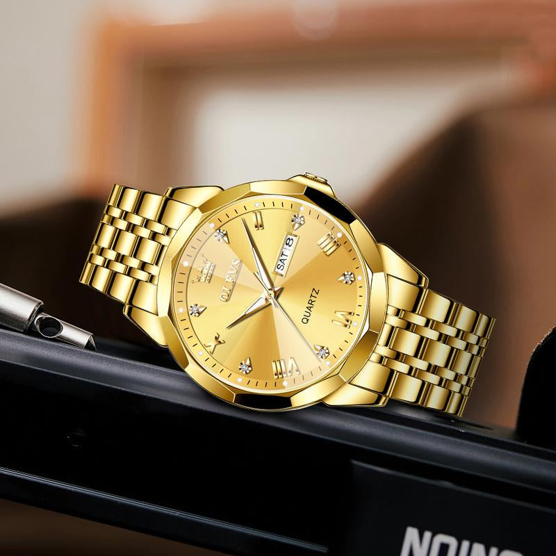 OLEVS Watch for Men Diamond Business Dress Analog Quartz Stainless Steel Waterproof Luminous Date Two Tone Luxury Casual Wrist Watch