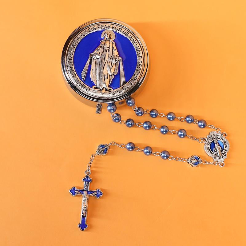 Glass Pearl Beads Catholic Rosary Necklace for Men and Women with Metal Box Strong Copper Chain Crucifix