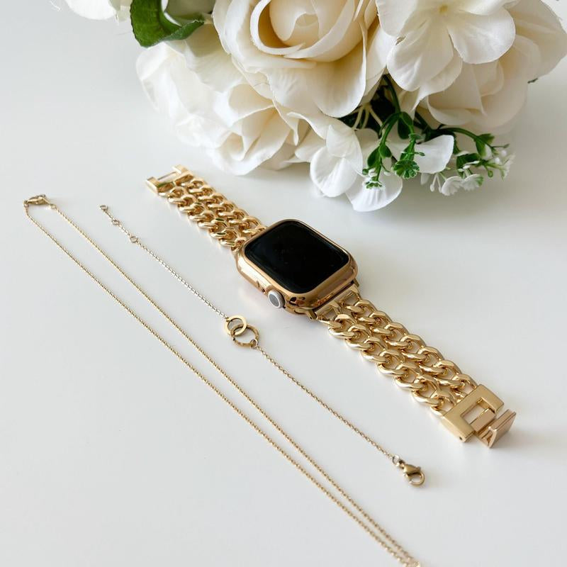 Chic Chain-Link Metal Band for Apple Watch | Lightweight Bracelet Strap in Gold, Rose Gold, Silver & Black | Snap-Clasp Fit with Adjustable Links