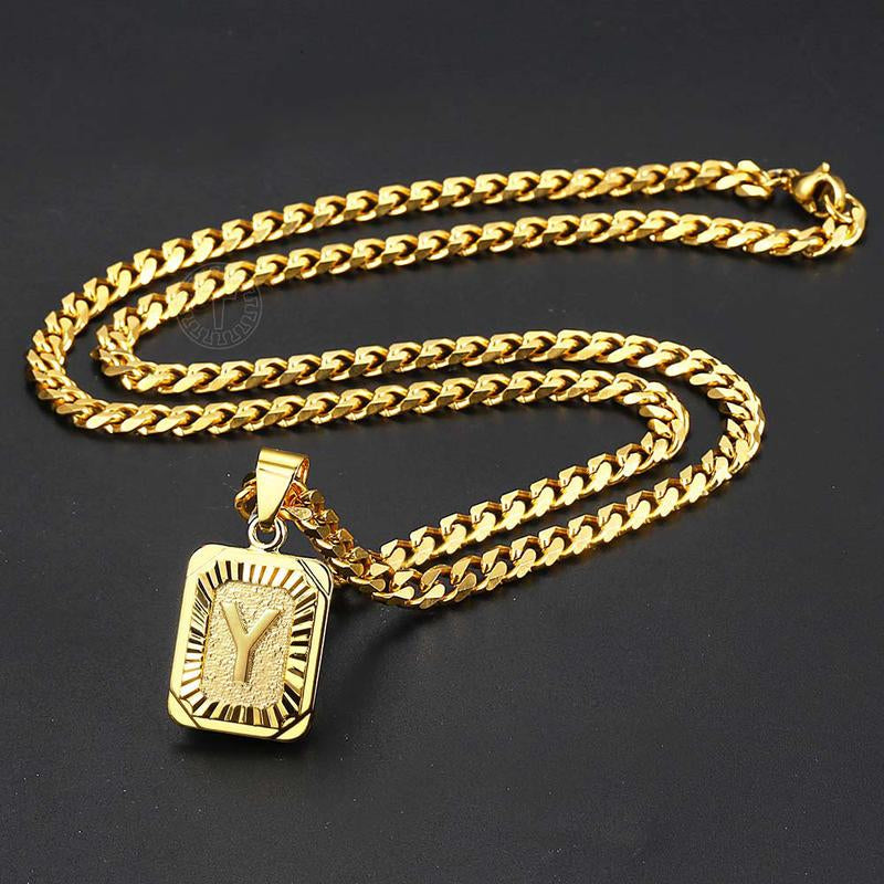 Initial Letter Pendant Necklace for Men Womens, Gold Plated Square Capital Choker Alhpabets from A-Z 5Mm 22Inch Curb Chain Necklace