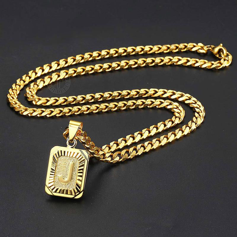 Initial Letter Pendant Necklace for Men Womens, Gold Plated Square Capital Choker Alhpabets from A-Z 5Mm 22Inch Curb Chain Necklace