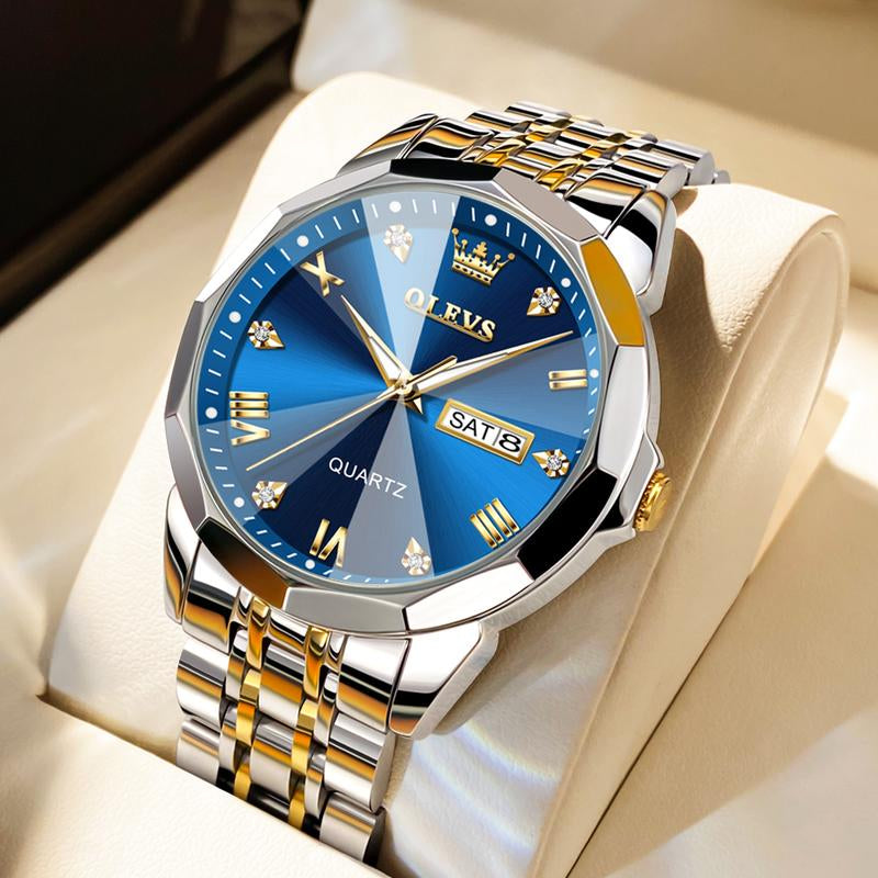OLEVS Watch for Men Diamond Business Dress Analog Quartz Stainless Steel Waterproof Luminous Date Two Tone Luxury Casual Wrist Watch