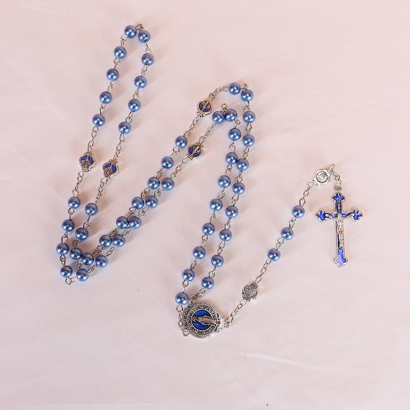 Glass Pearl Beads Catholic Rosary Necklace for Men and Women with Metal Box Strong Copper Chain Crucifix