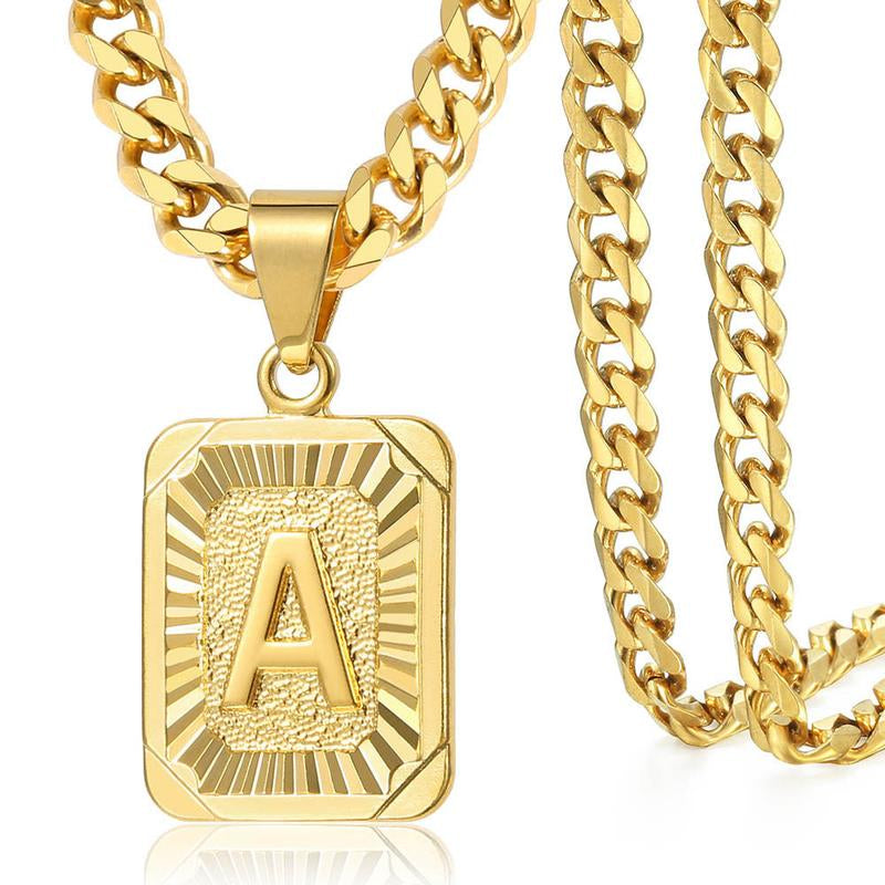 Initial Letter Pendant Necklace for Men Womens, Gold Plated Square Capital Choker Alhpabets from A-Z 5Mm 22Inch Curb Chain Necklace