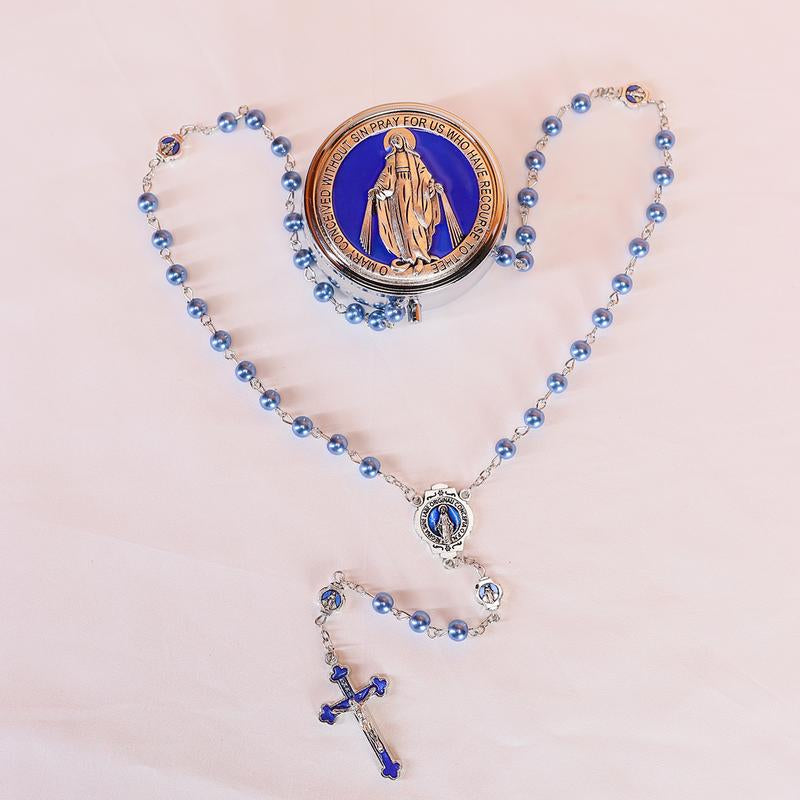 Glass Pearl Beads Catholic Rosary Necklace for Men and Women with Metal Box Strong Copper Chain Crucifix
