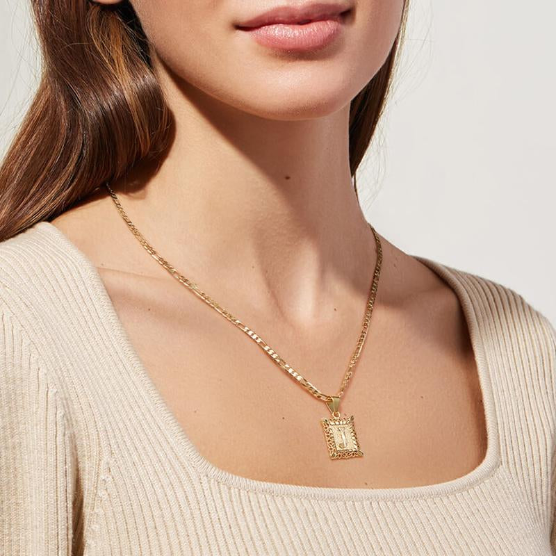 Kissyan Initial Letter Pendant Necklace for Men Womens, 14K Gold Plated Square Capital Monogram Necklace Alhpabets from A-Z Figaro Chain Necklace