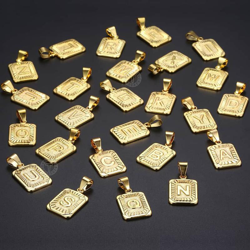 Initial Letter Pendant Necklace for Men Womens, Gold Plated Square Capital Choker Alhpabets from A-Z 5Mm 22Inch Curb Chain Necklace