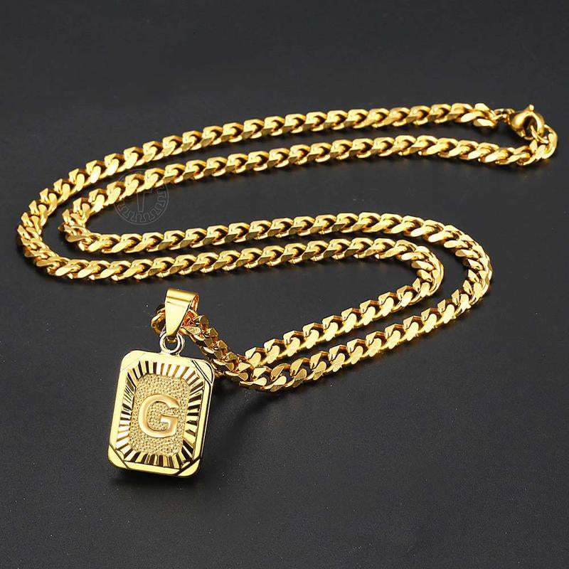Initial Letter Pendant Necklace for Men Womens, Gold Plated Square Capital Choker Alhpabets from A-Z 5Mm 22Inch Curb Chain Necklace
