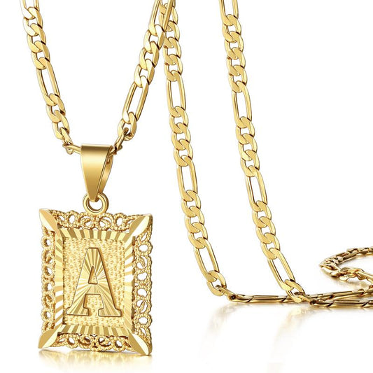 Kissyan Initial Letter Pendant Necklace for Men Womens, 14K Gold Plated Square Capital Monogram Necklace Alhpabets from A-Z Figaro Chain Necklace